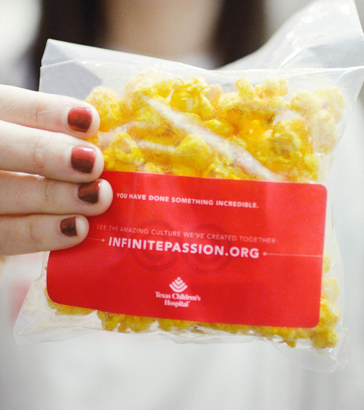Texas Children's Hospital branded popcorn bag.