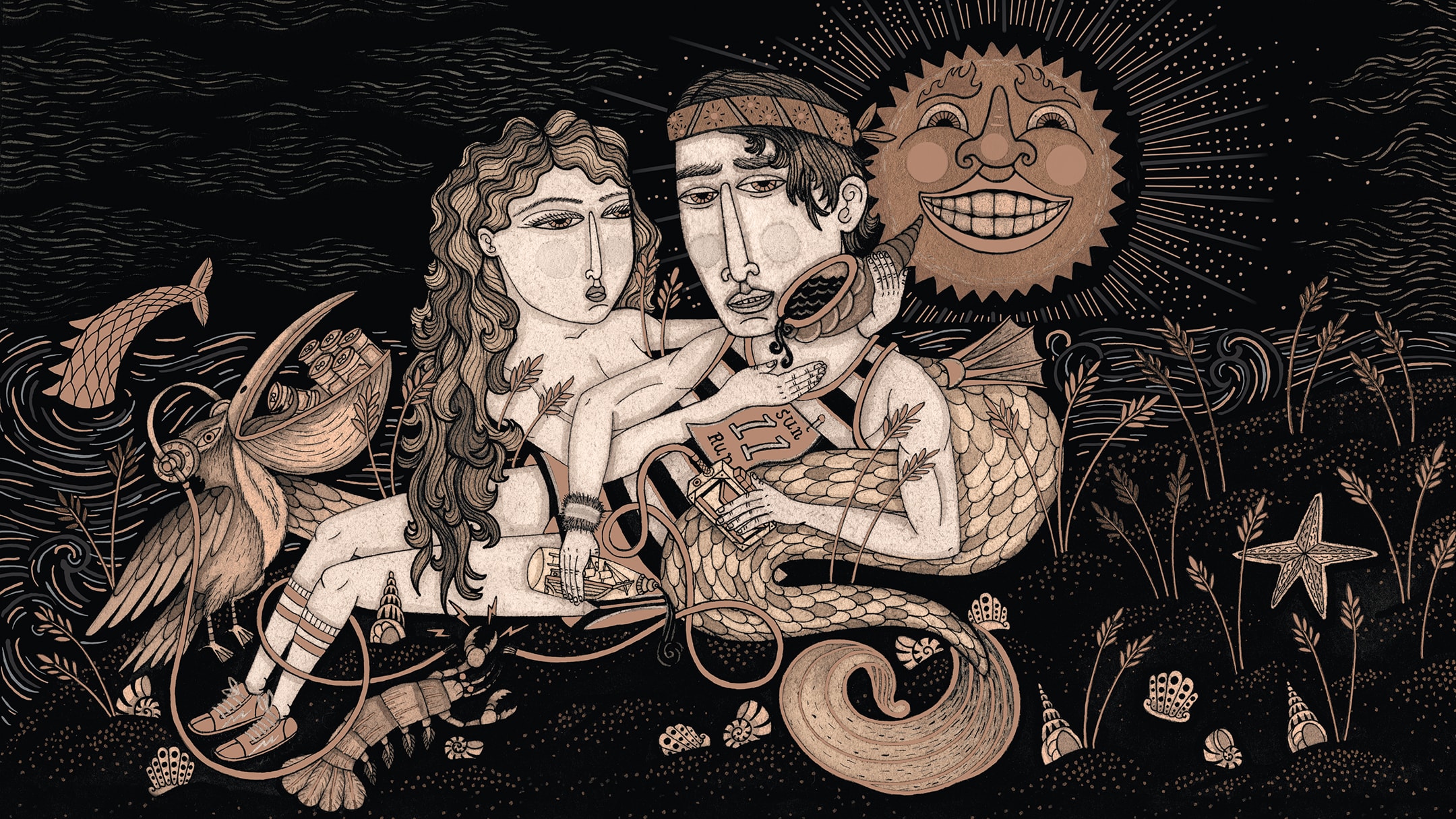 Illustrations used for Coppertail Beer Bottle Design and packaging. Merman and woman featured on Wheat Stroke.