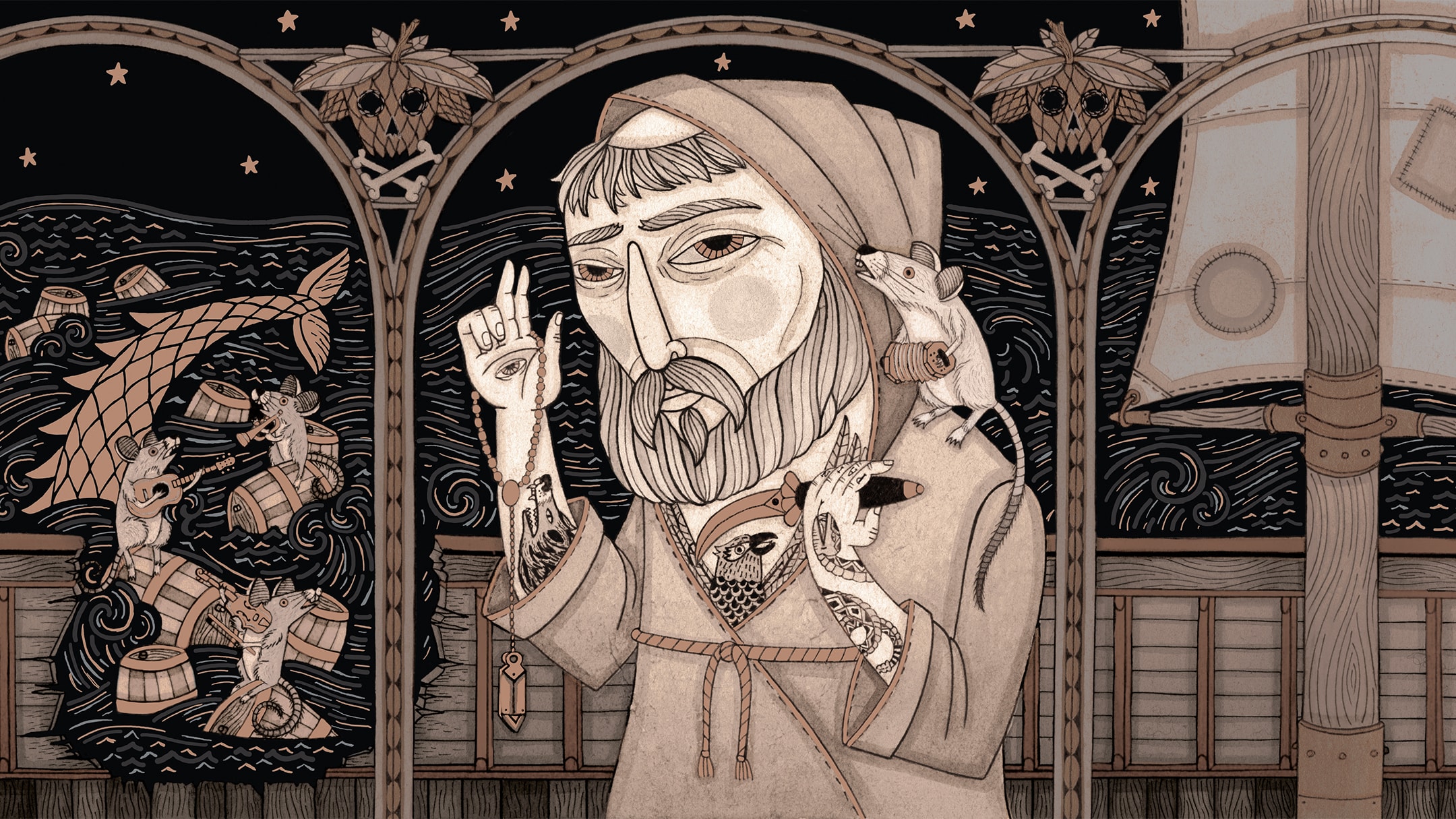 Illustrations used for Coppertail Beer Bottle Design and packaging. Monk featured on Unholy.