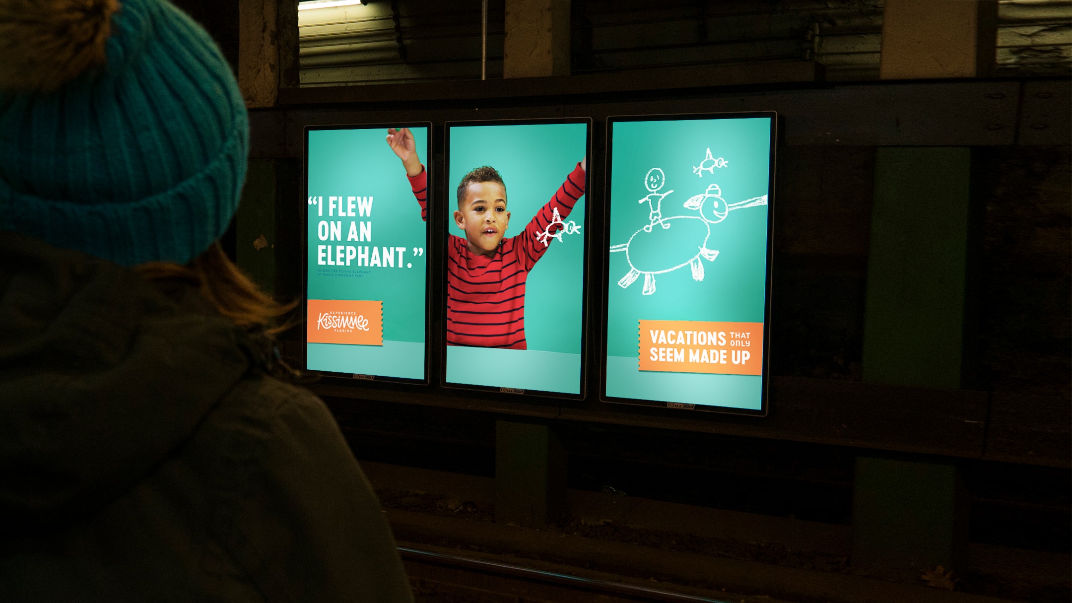 Example of our creative campaign and media planning for Experience Kissimmee's winter campaign. This ad was featured in a subway station.