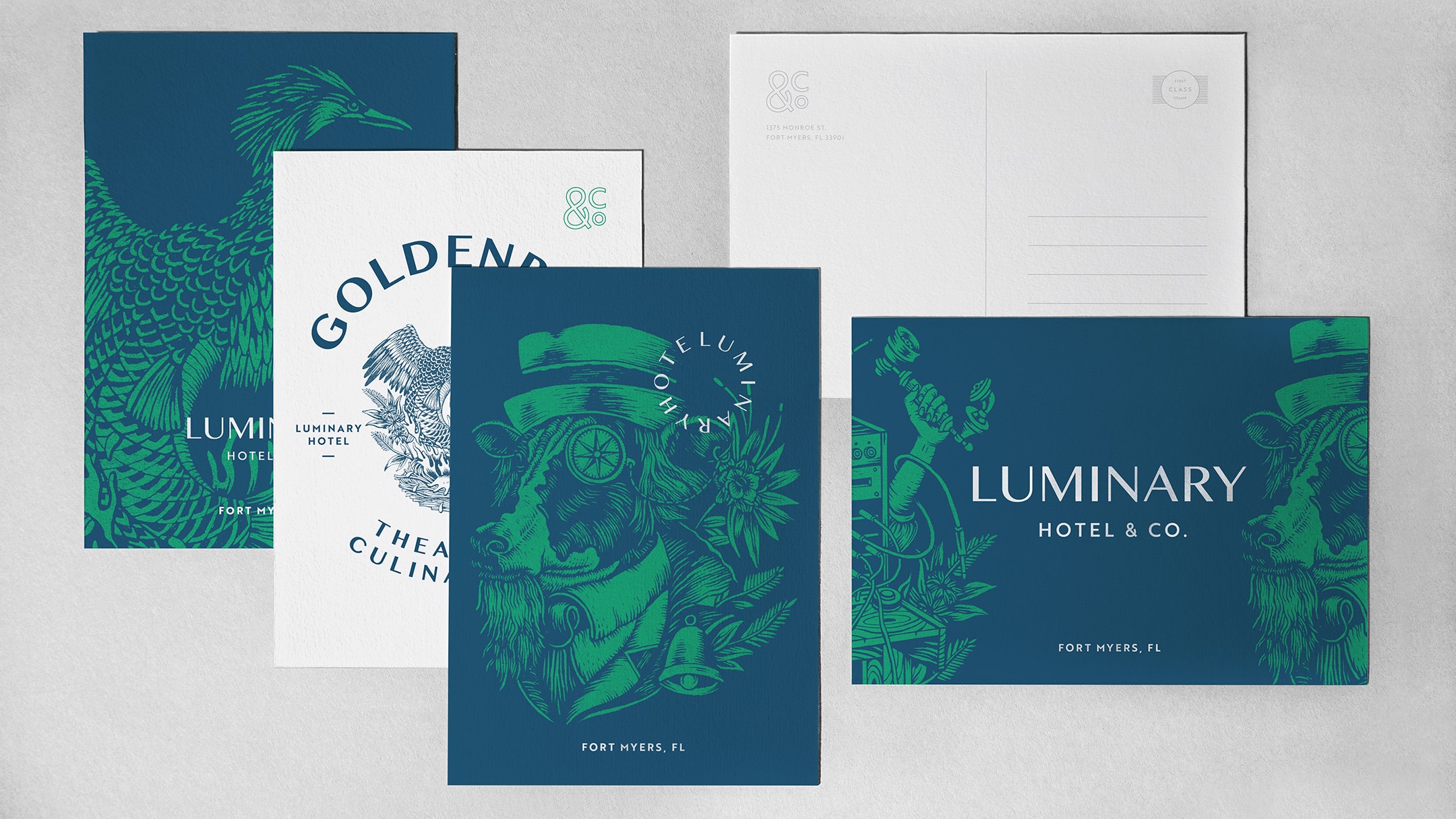 hotel branding work for luminary hotel and co - postcards