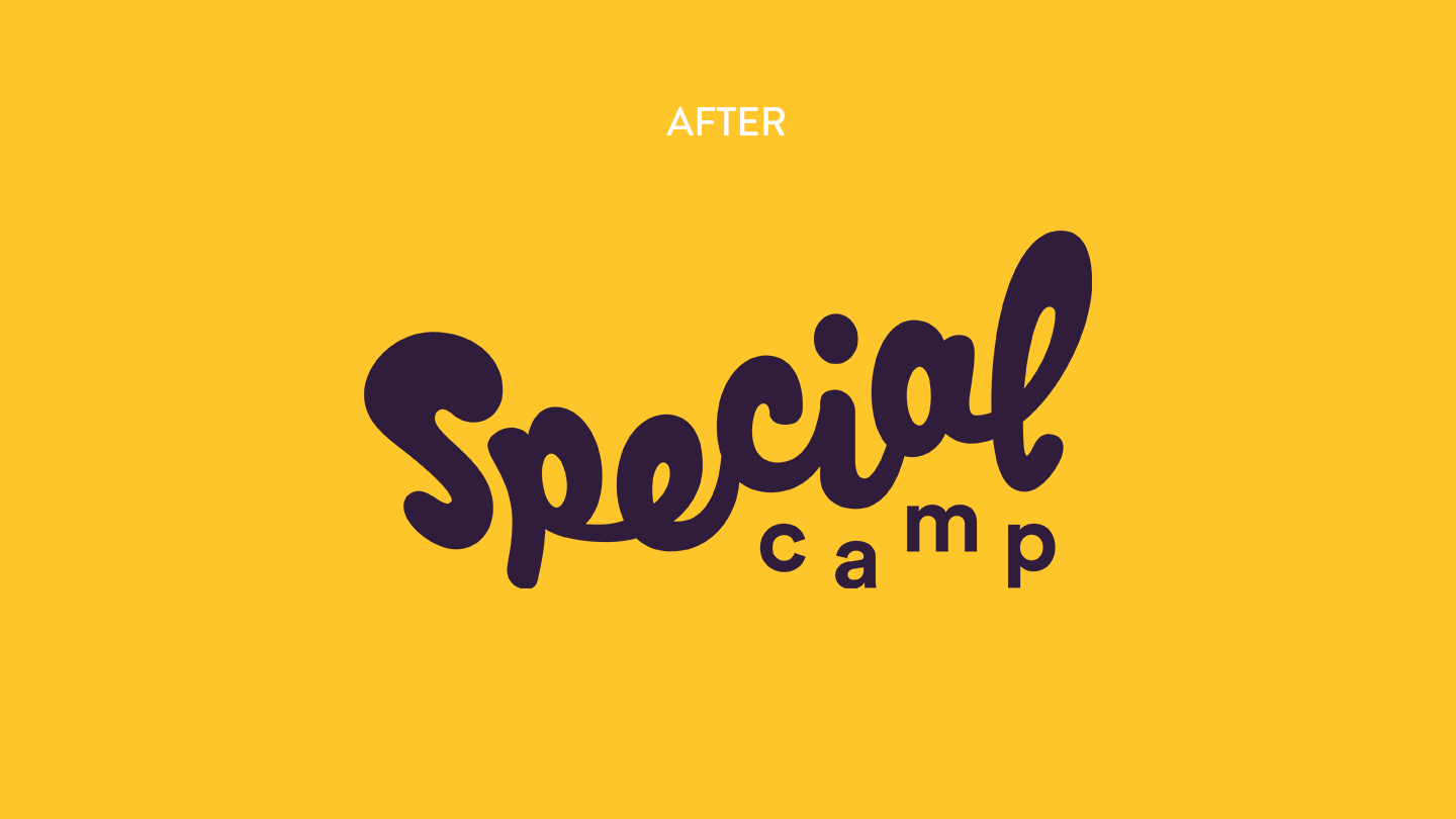 The new special camp logo on a yellow background —from our nonprofit rebrand intiative, STOKED.